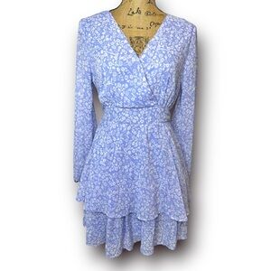 Japna Sz M Blue White Feminine Ditsy Floral Sheer Sleeve Faux Wrap Ruffle Dress